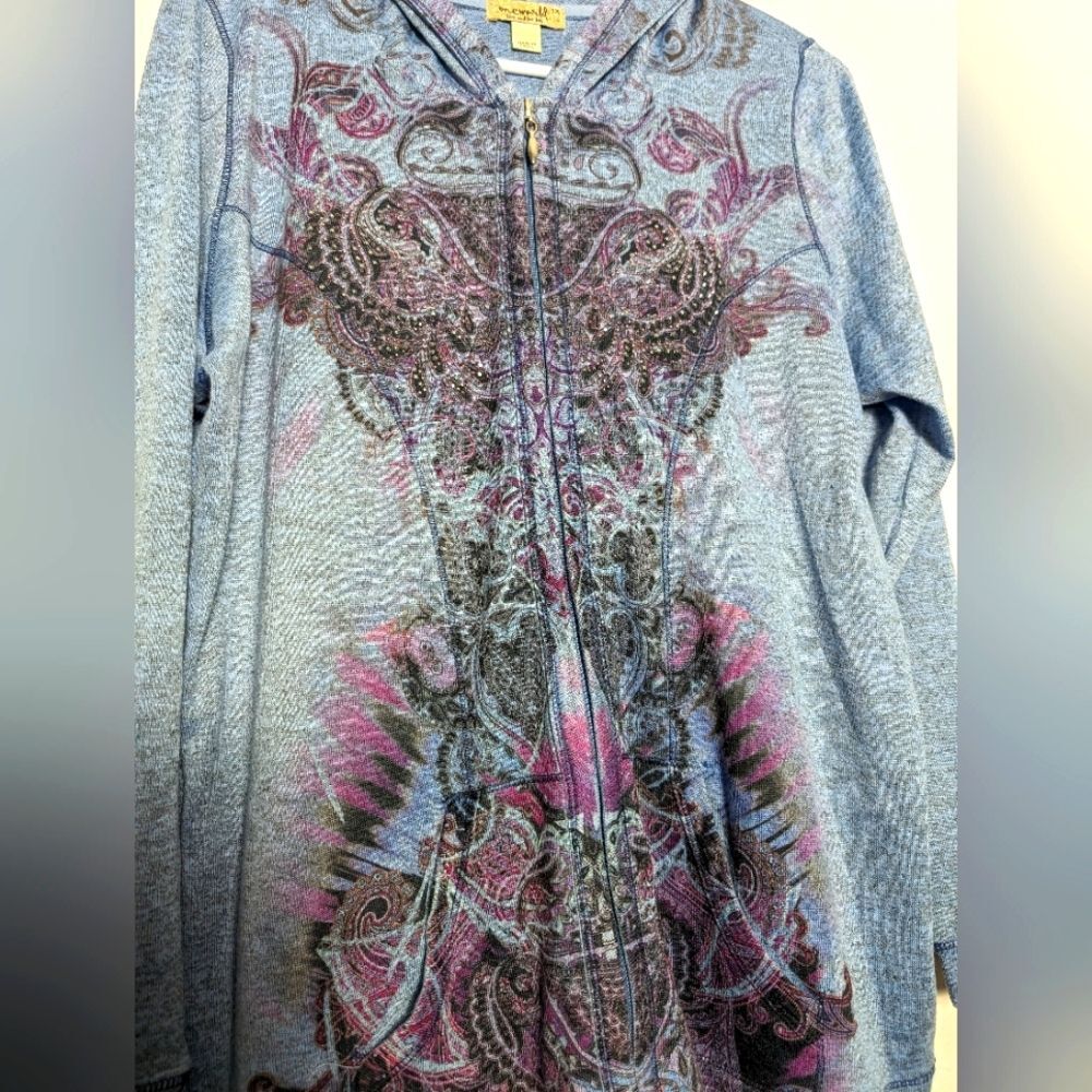 One world full zip plus size hoodie sz 2x blue purple Y2K 2000 artsy abstract - Picture 5 of 6